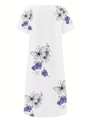 Floral & Butterfly Print V Neck Dress Button Front Short Sleeve Dress