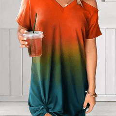 Colorblock Ombre Print Cold Shoulder V Neck Stretch Dress