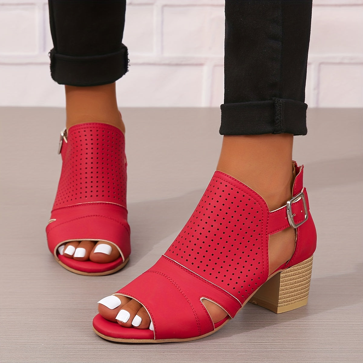 Women's Peep Toe Low Heeled Sandals Perforated Buckle Strap
