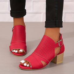 Women's Peep Toe Low Heeled Sandals Perforated Buckle Strap
