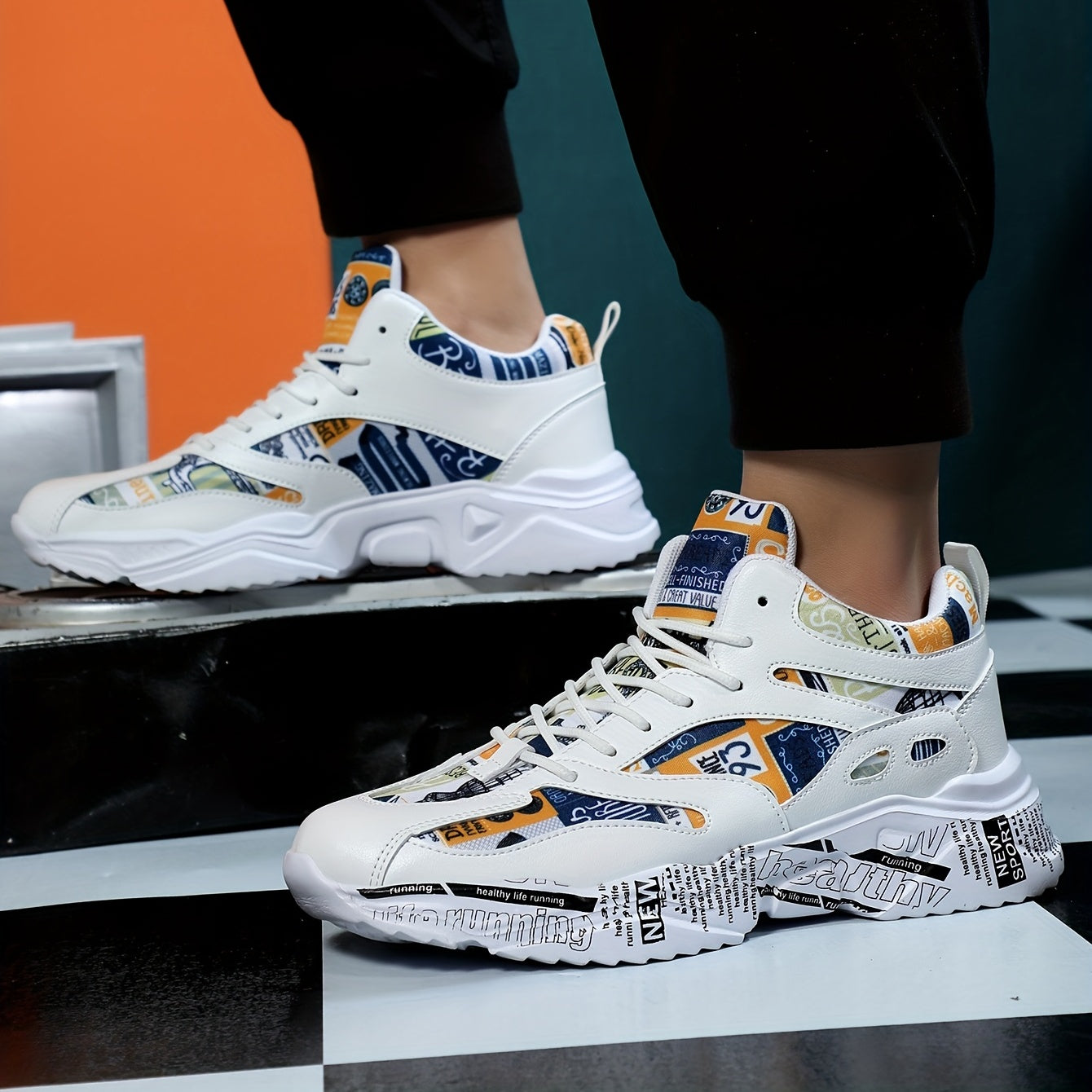 Men's Letter Graphic Chunky Sneakers Lace-Up Comfortable Shoes