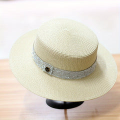 Rhinestone Strap Decor Sun Hat M Label Flat Top British Travel Beach Hat Women