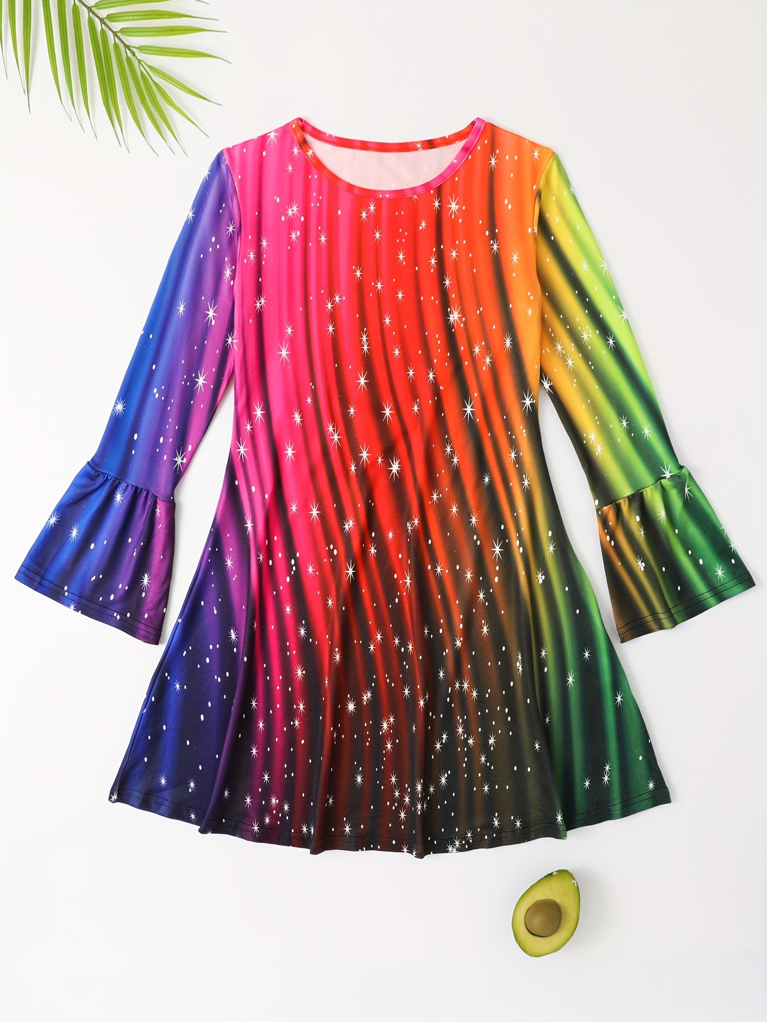 Rainbow Flare Sleeve Dress Girls Comfy Kids Clothes