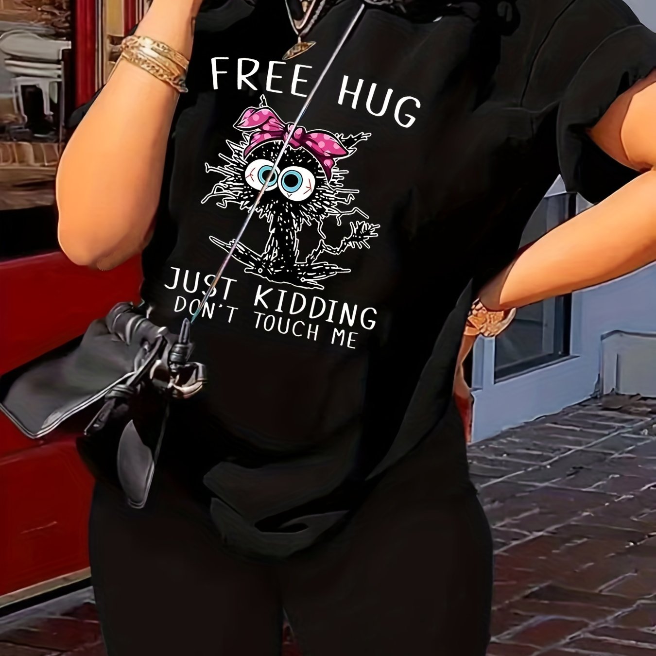 Slogan & Cartoon Cat Print Tee & Shorts Set