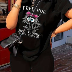 Slogan & Cartoon Cat Print Tee & Shorts Set