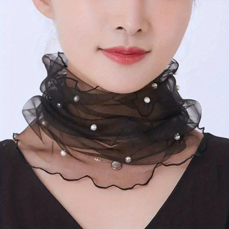 Faux Pearl Decor Ruffles Scarf Solid Warm Neck Gaiter Infinity Scarf