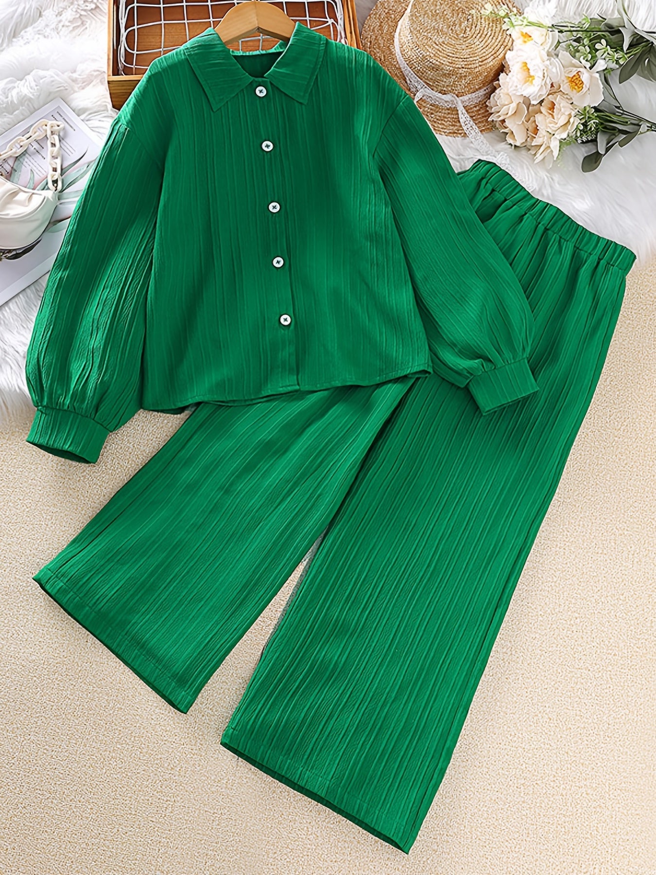Girls Long Sleeve Button Down Blouse Top & Elastic Waist Wide Leg Pants 2pcs Set