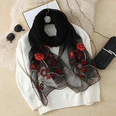 Silk Embroidery Flower Scarf Lightweight