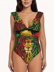 Lion Print Deep V Neck One Piece Swimsuit