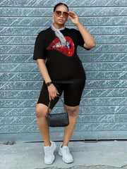 Rhinestone Lip Tee & Biker Shorts Set