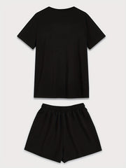 Graphic & Letter Print Casual Short Sleeve T-shirt & Drawstring Waist Set