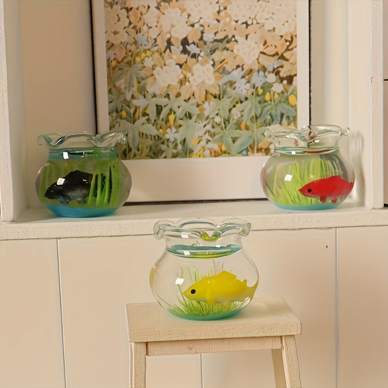 2pcs 1:12 Scale Dollhouse Glass Fishbowls with Grass & Fish
