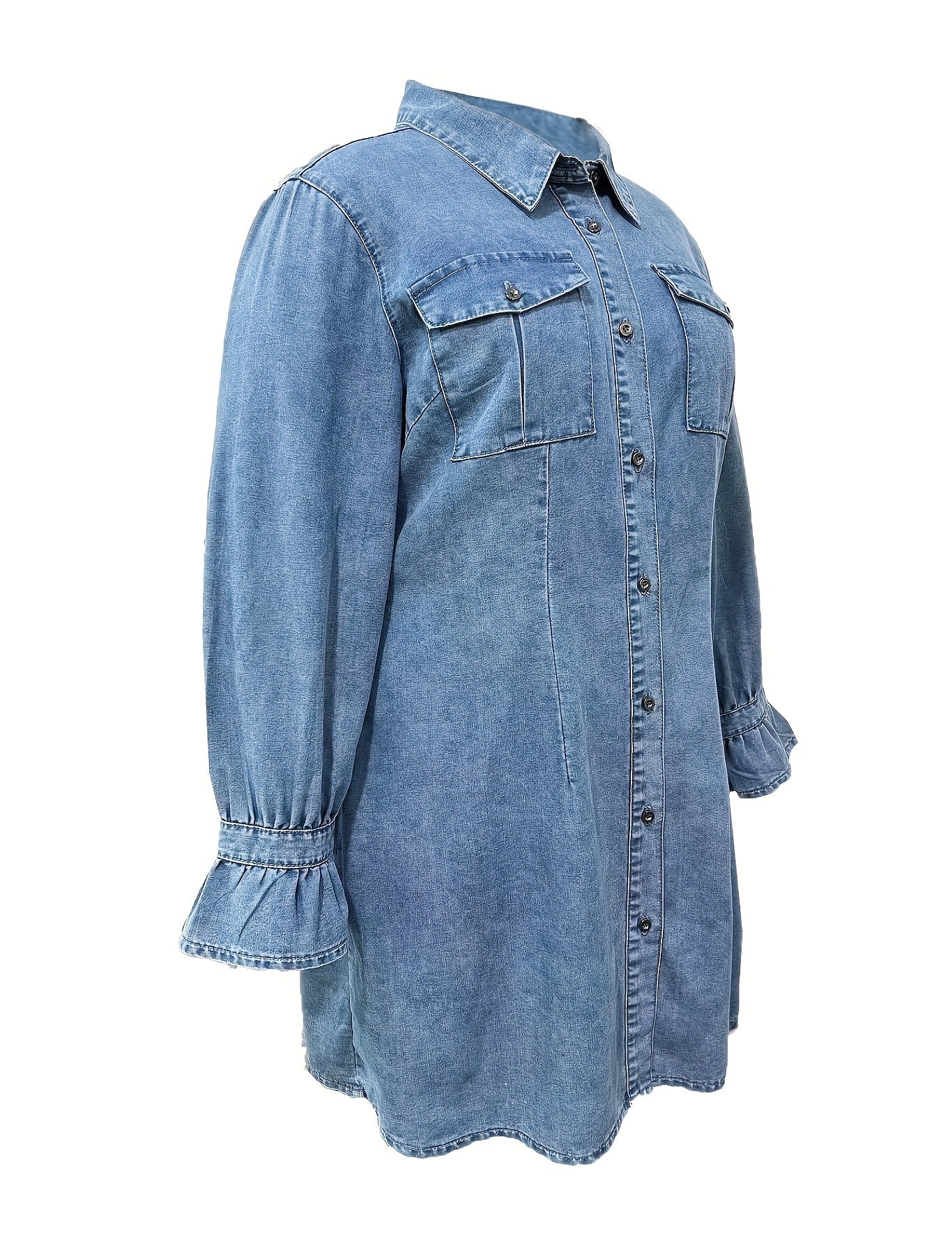 Flounce Sleeve Button Up Lapel Collar Denim Dress