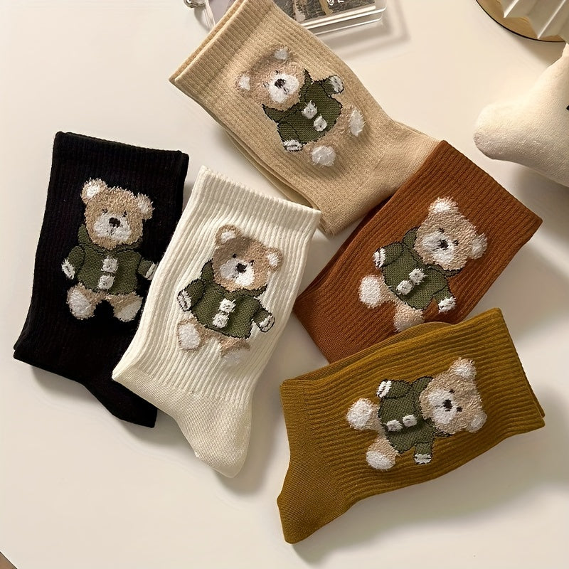 5 Pairs Cartoon Bear Print Socks Women's Mid Tube Stockings