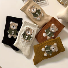 5 Pairs Cartoon Bear Print Socks Women's Mid Tube Stockings