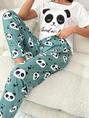 Panda Print Pajama Set Short Sleeve Top & Pants
