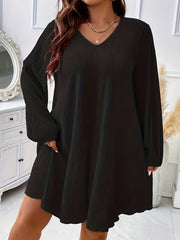 Solid Ribbed Lantern Sleeve V Neck Stretch Dress