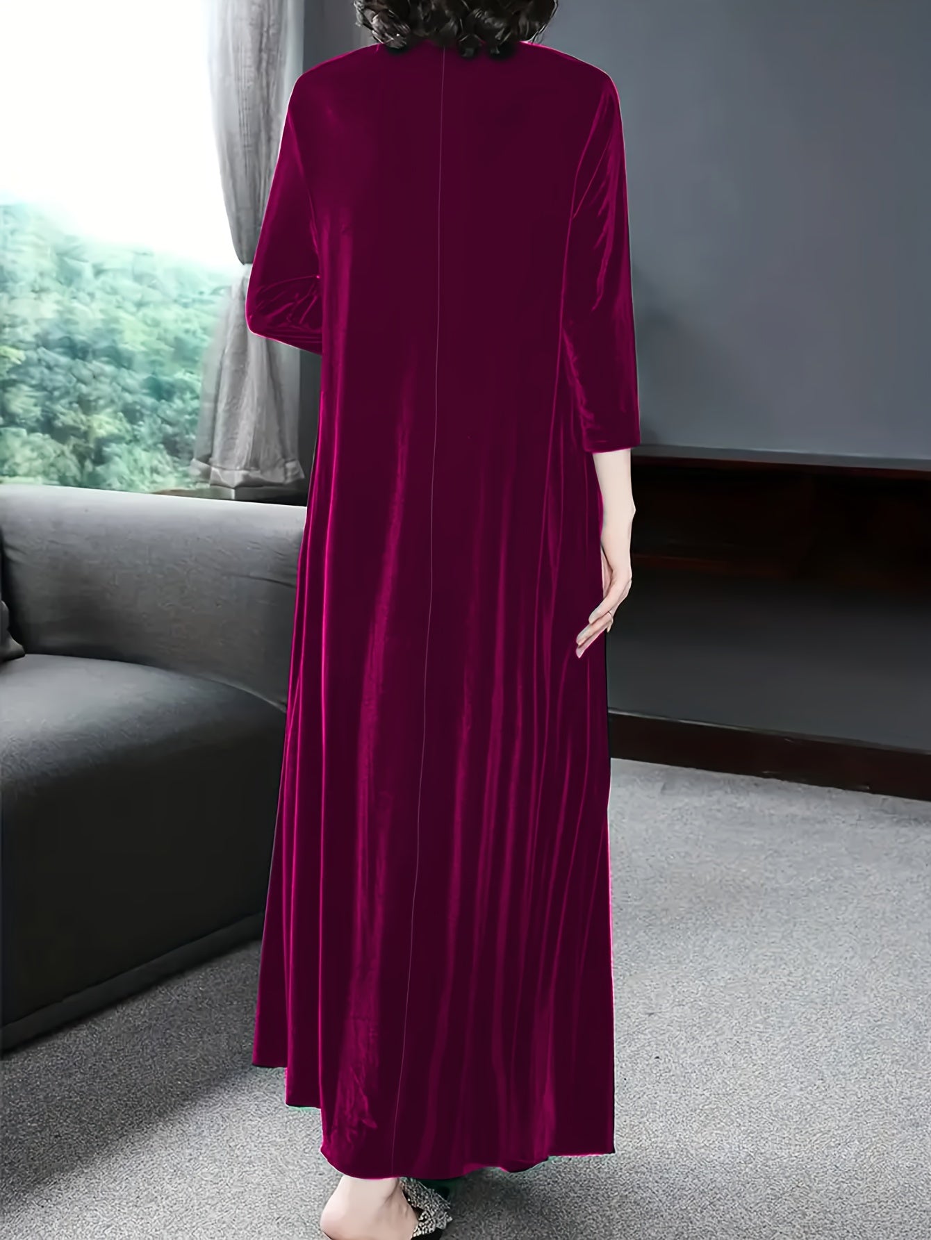 Solid Velvet Long Sleeve Maxi Dress With Pockets