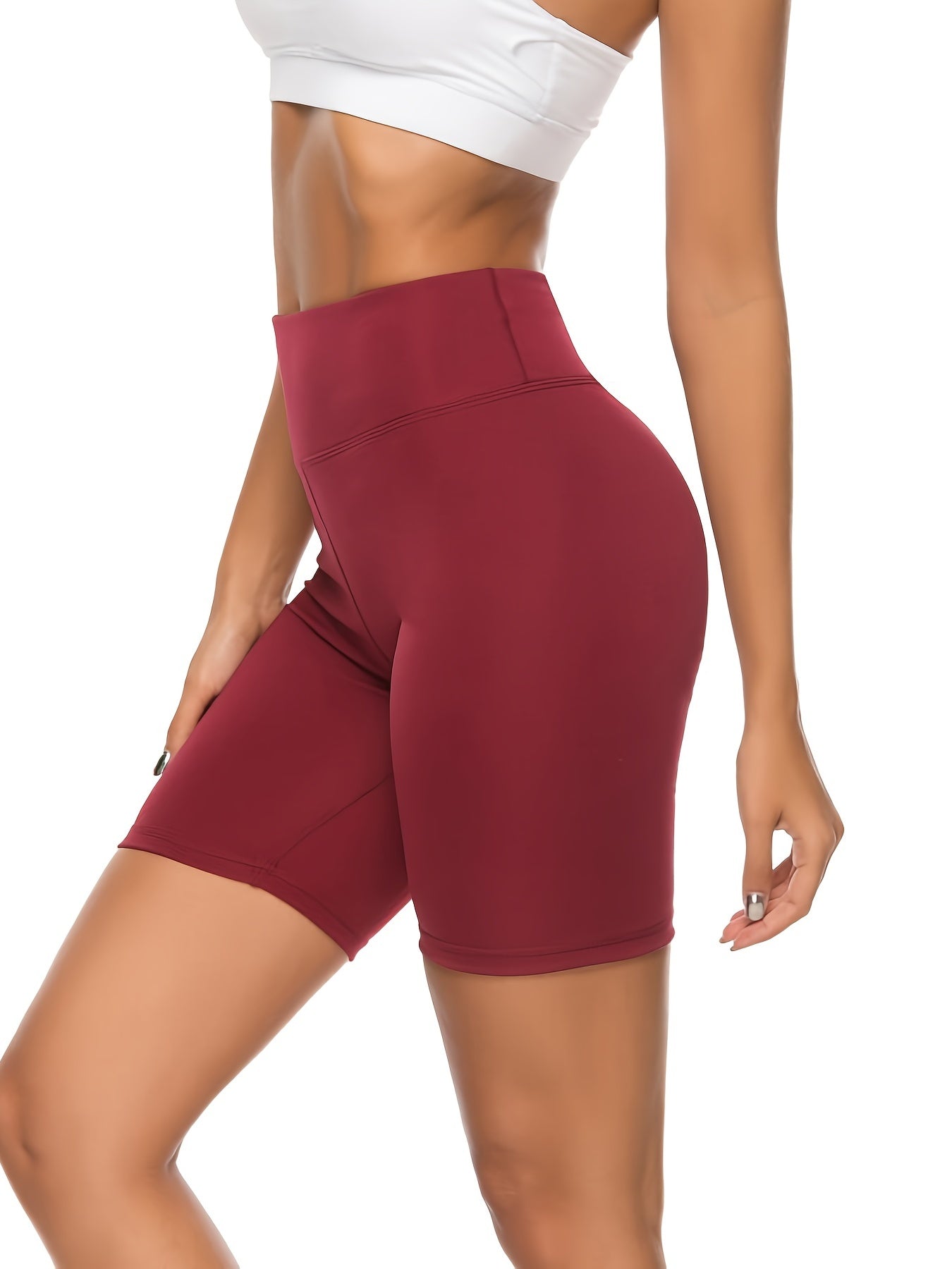 High Waist Yoga Sports Pants Red Stretchy Side Stitching Short Pants