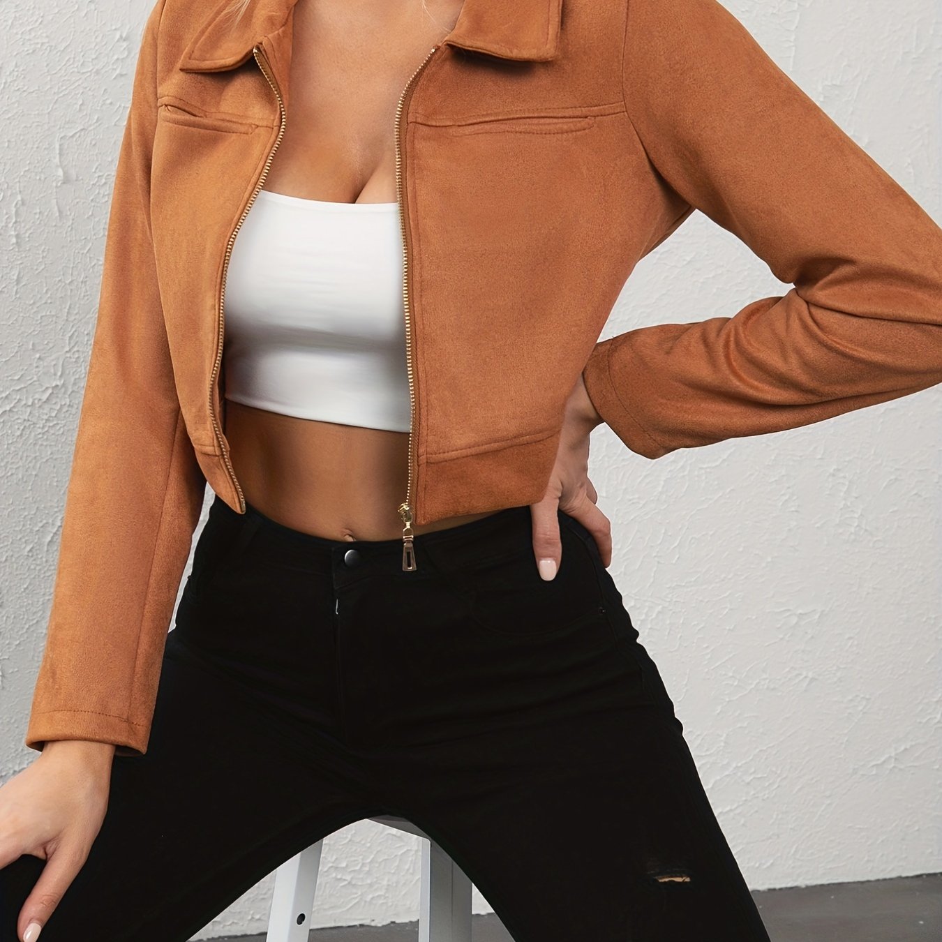 Zip Up Collar Jacket Solid Long Sleeve Outerwear
