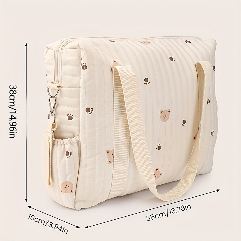 Bear Pattern Quilted Diaper Bag with Shoulder Strap & Stroller Hooks