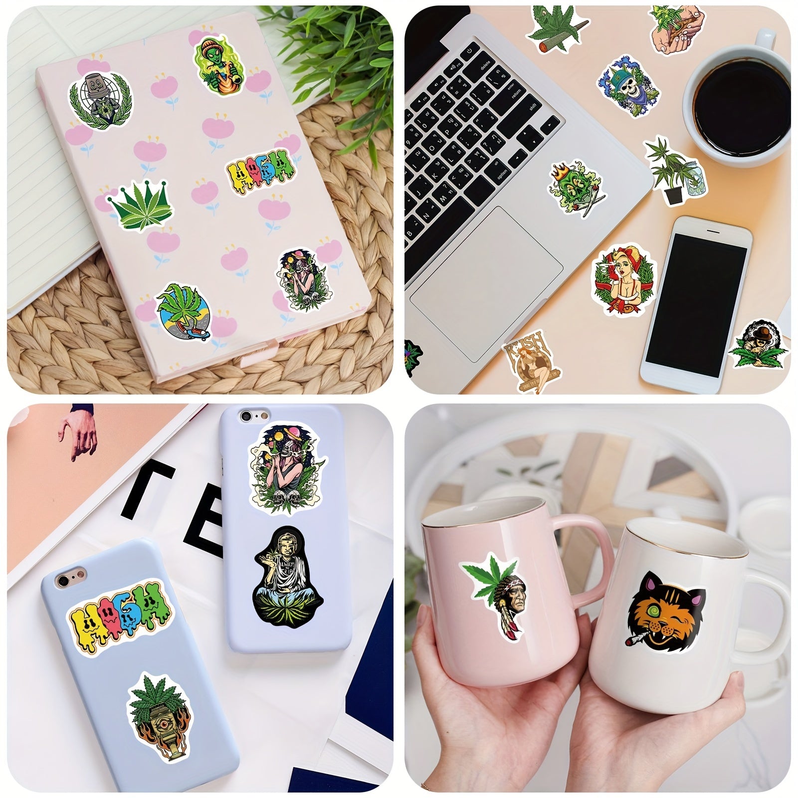 50pcs Cartoon Green Leaves Stickers Creative Graffiti Waterproof Stickers