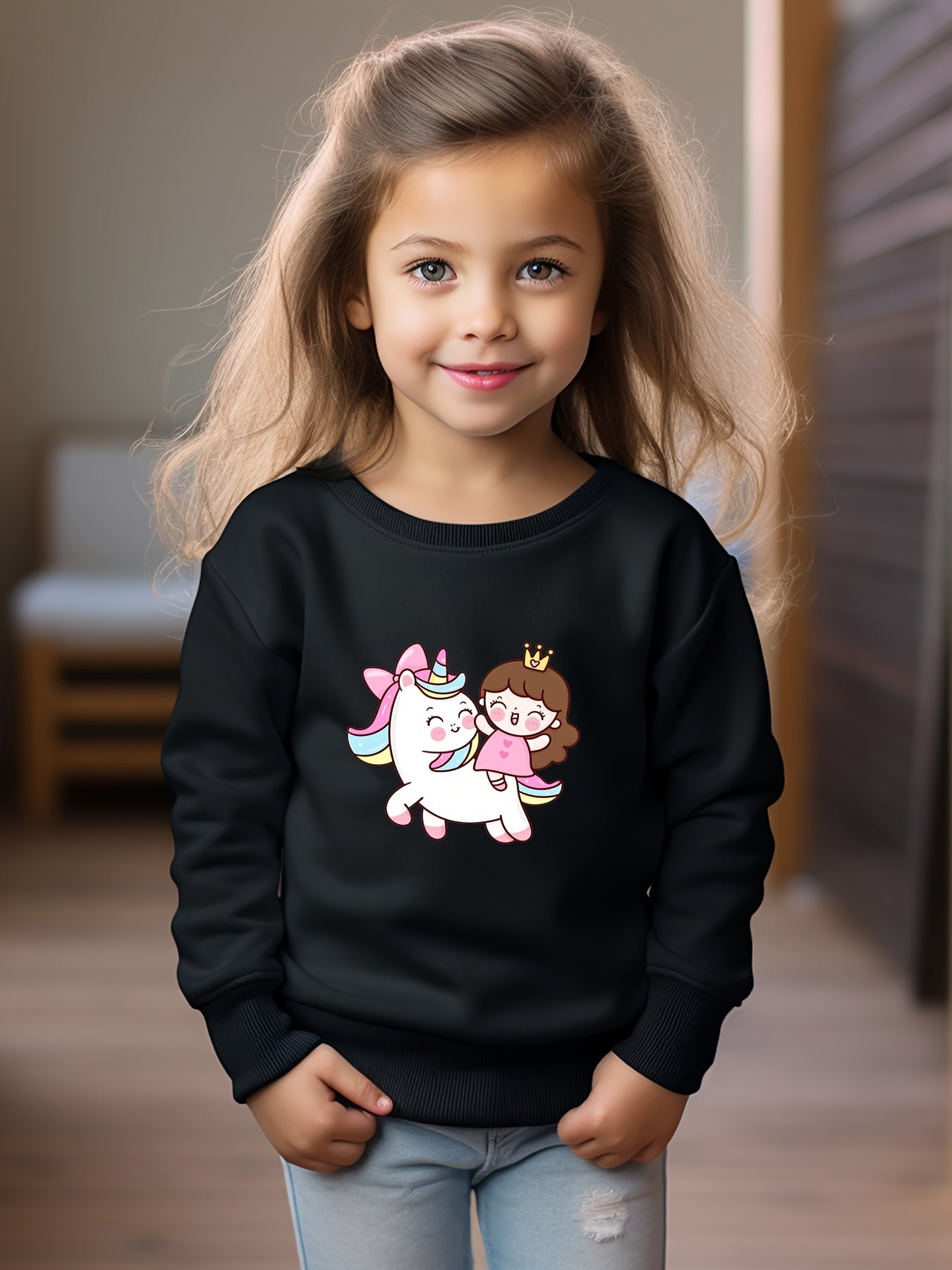 Anime Girl & Unicorn Print Pullover Sweatshirt for Girls