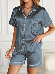 Heart Embroidered Pajama Set Satin Button Down Top & Shorts for Women