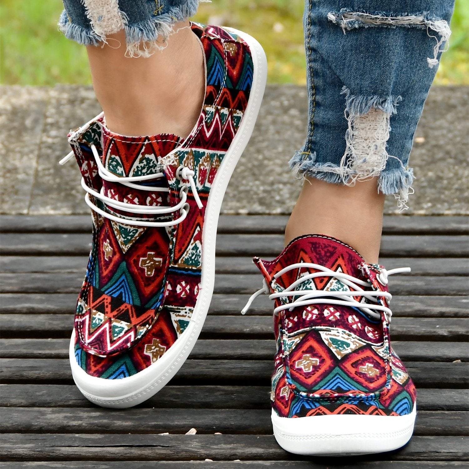Boho Style Pattern Flat Shoes Casual Lace Up Canvas Slip On Loafers