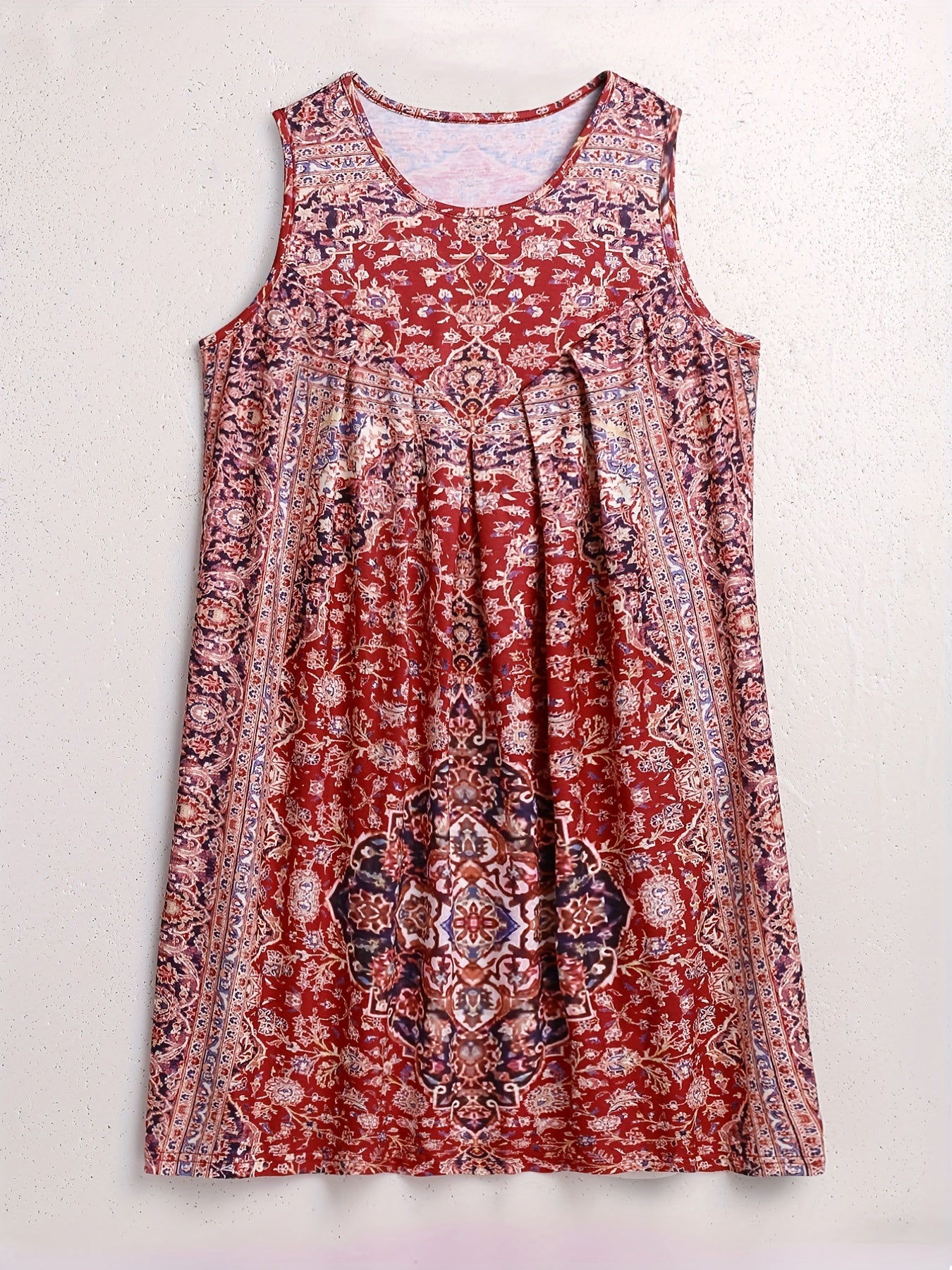Ethnic Floral Print Tank Dress Boho Crew Neck Tucked Dress