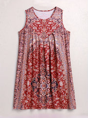 Ethnic Floral Print Tank Dress Boho Crew Neck Tucked Dress