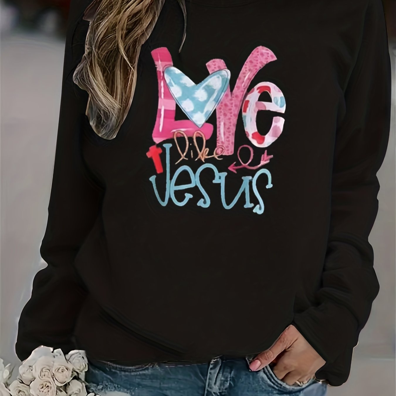 LOVE Letter Graphic Fleece Sweatshirt Round Neck Pullover Tops