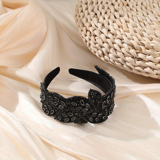 Baroque Wide Crystal Headband Glitter Leaf Headdress For Women