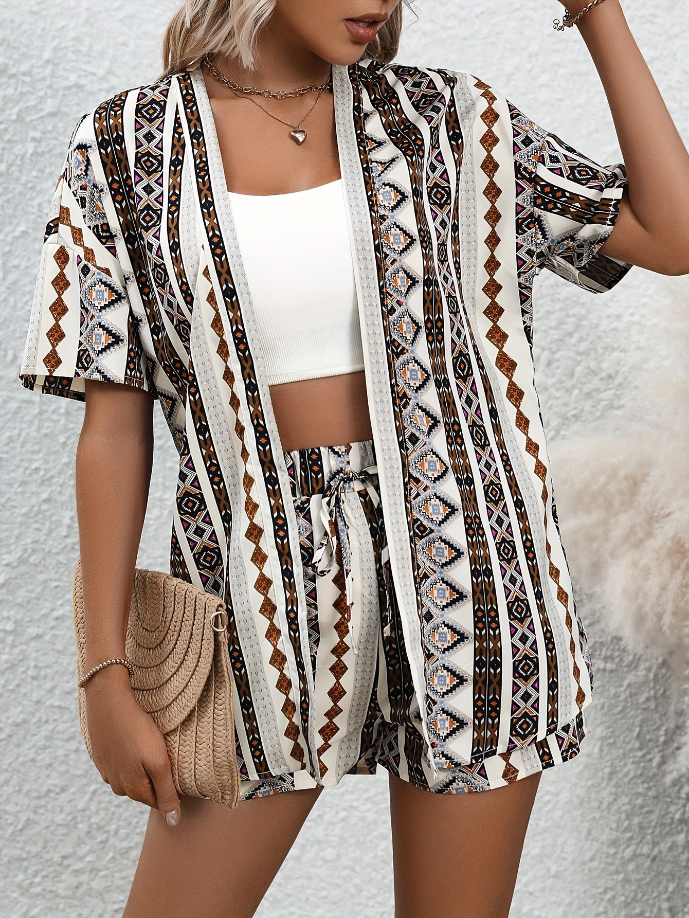 Argyle Print Two Piece Set Short Sleeve Tops & Drawstring Shorts