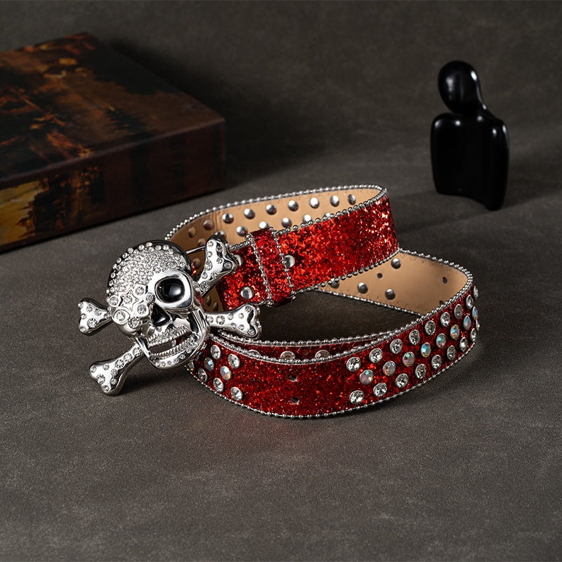 Skull Rivet Rhinestone Buckle for Men'S Belts Faux Leather Non Textile Weave