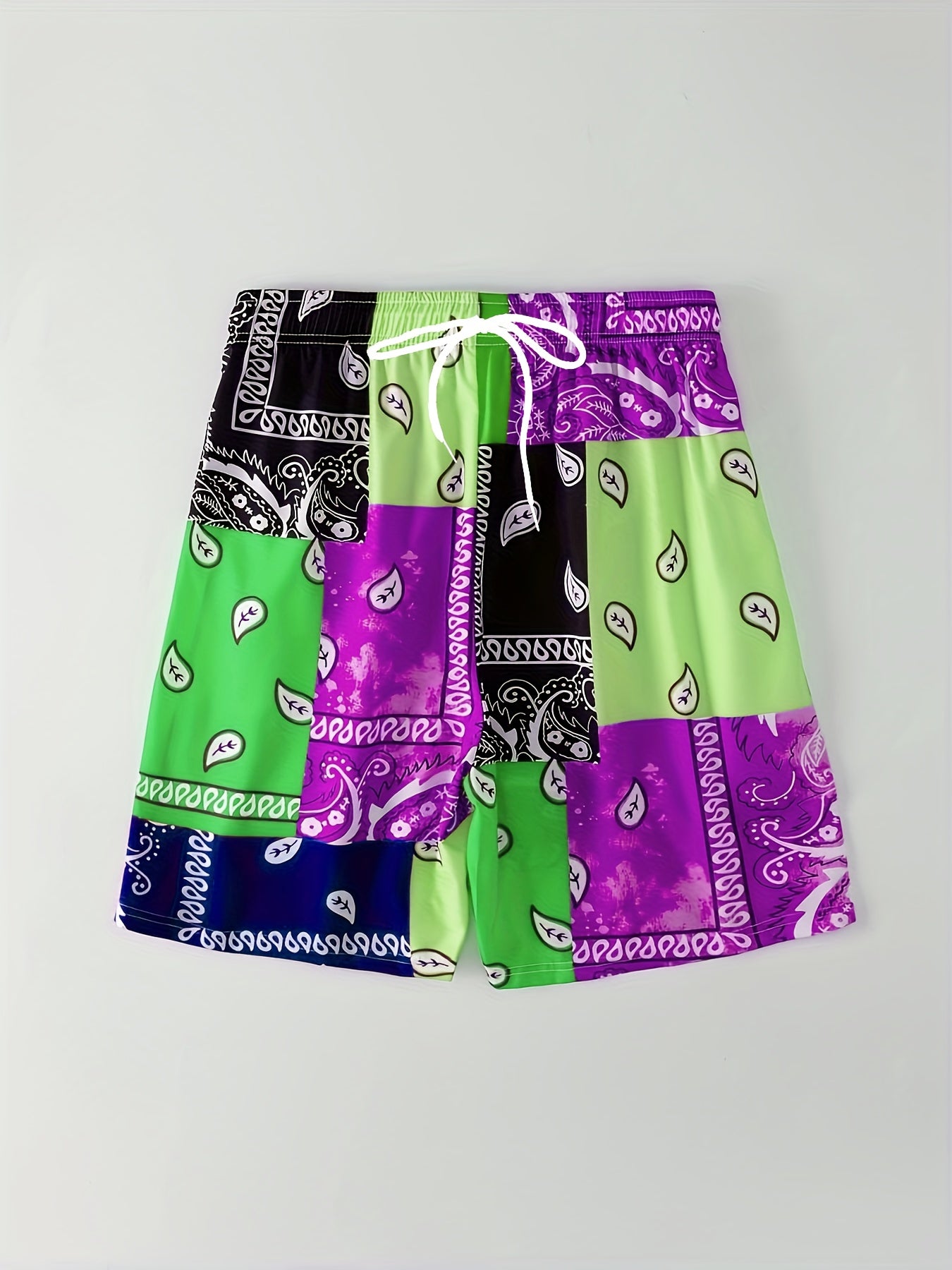 Block Digital Print Men's Drawstring Shorts Swim Wear Casual Swim Trunks