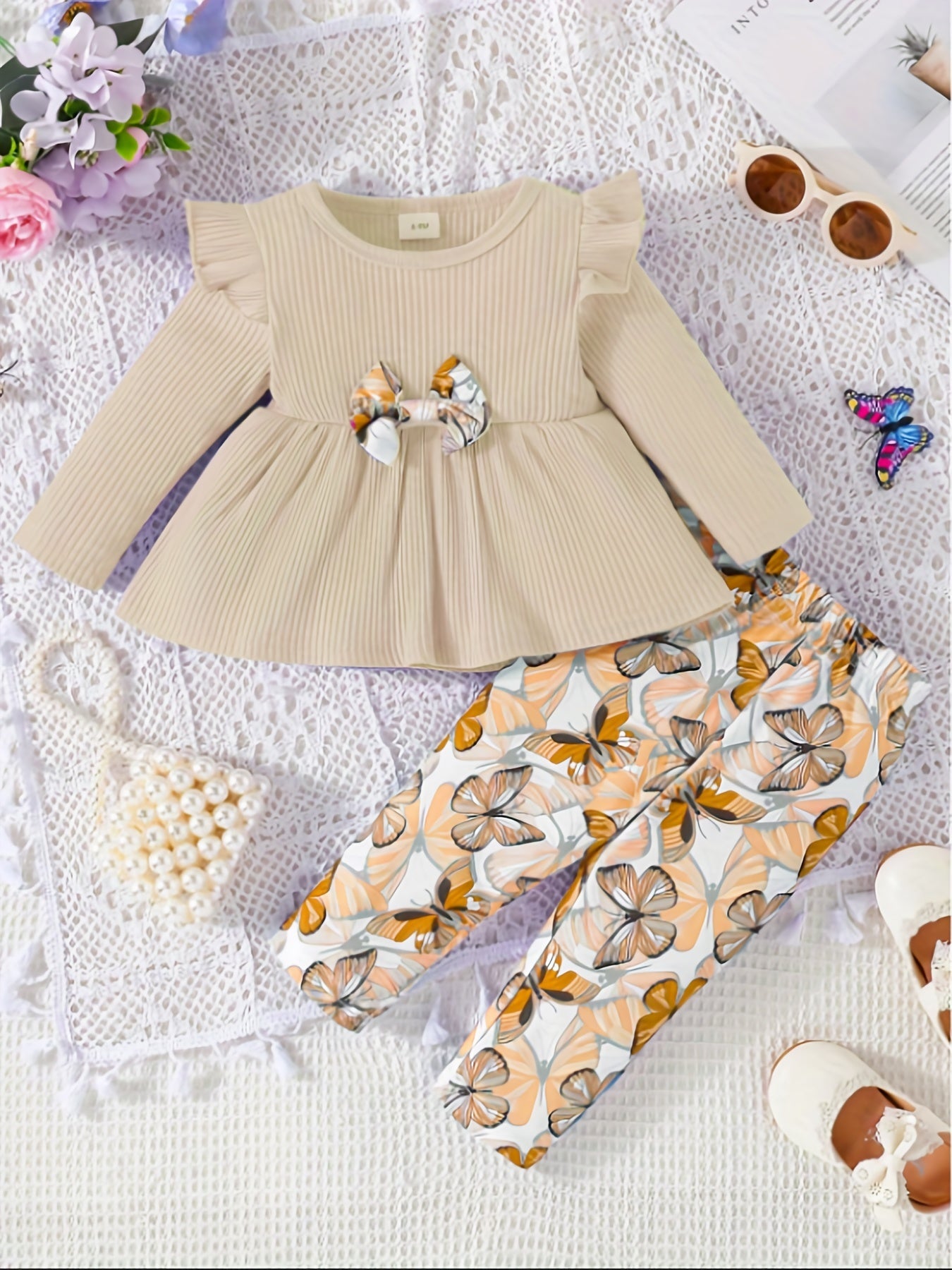 2pcs Girls Bowknot Top Butterfly Print Pants Set