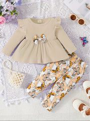 2pcs Girls Bowknot Top Butterfly Print Pants Set
