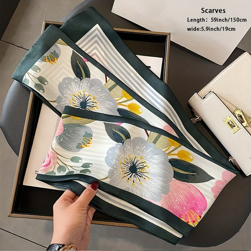 Flower Print Skinny Scarf Double Layer Silk Scarf Long Ribbon Neck Tie