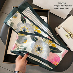 Flower Print Skinny Scarf Double Layer Silk Scarf Long Ribbon Neck Tie