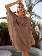 Boho Crochet Cover Up Tassel Decor Loose Fit Shirt Women's Swimwear