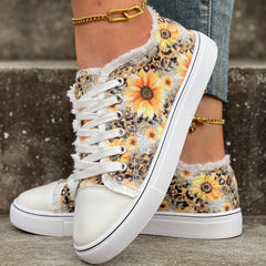Women's Sunflower Print Canvas Shoes Casual Lace Up Outdoor Shoes