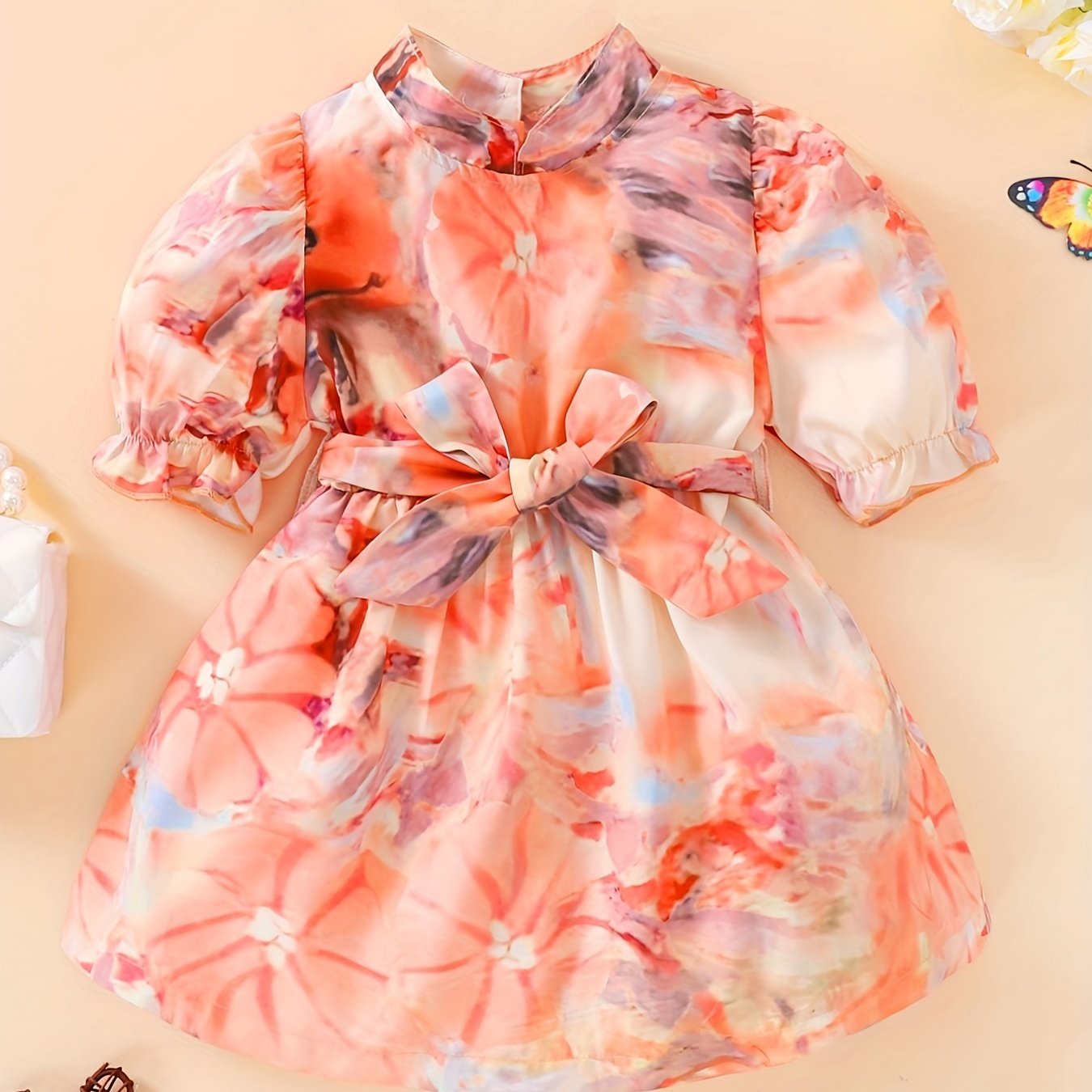 Baby Girls Abstract Painting Print Puffy Sleeve Dress