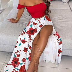 Sexy Two piece Skirt Set Off Shoulder Top & Floral Print Split Skirt