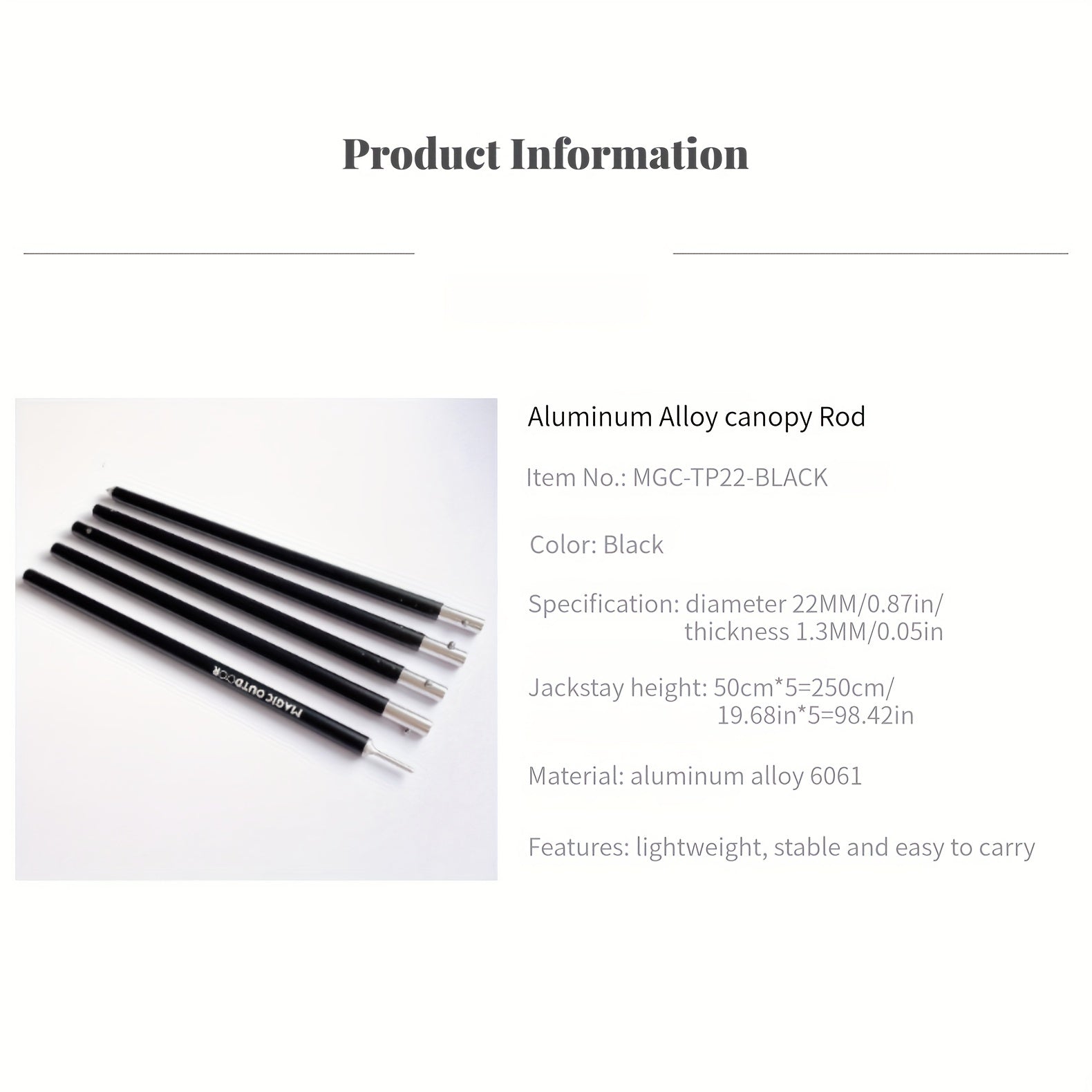 Aluminum Alloy Canopy Support Rod 22MM Diameter 1.3MM Thickness