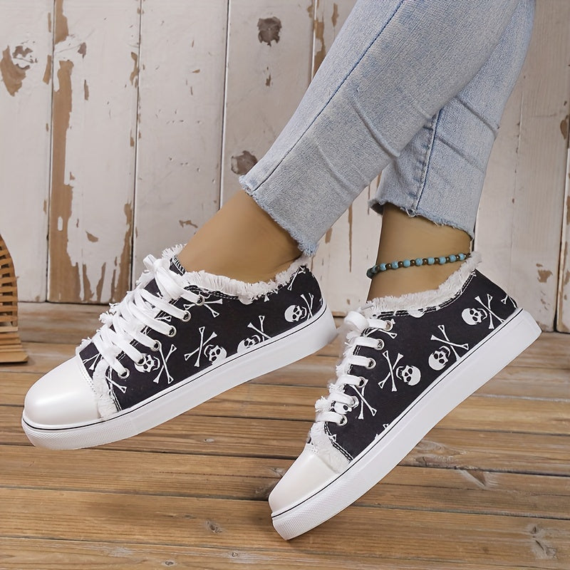 Women's Skull Print Canvas Shoes Casual Lace Up Outdoor Sneakers
