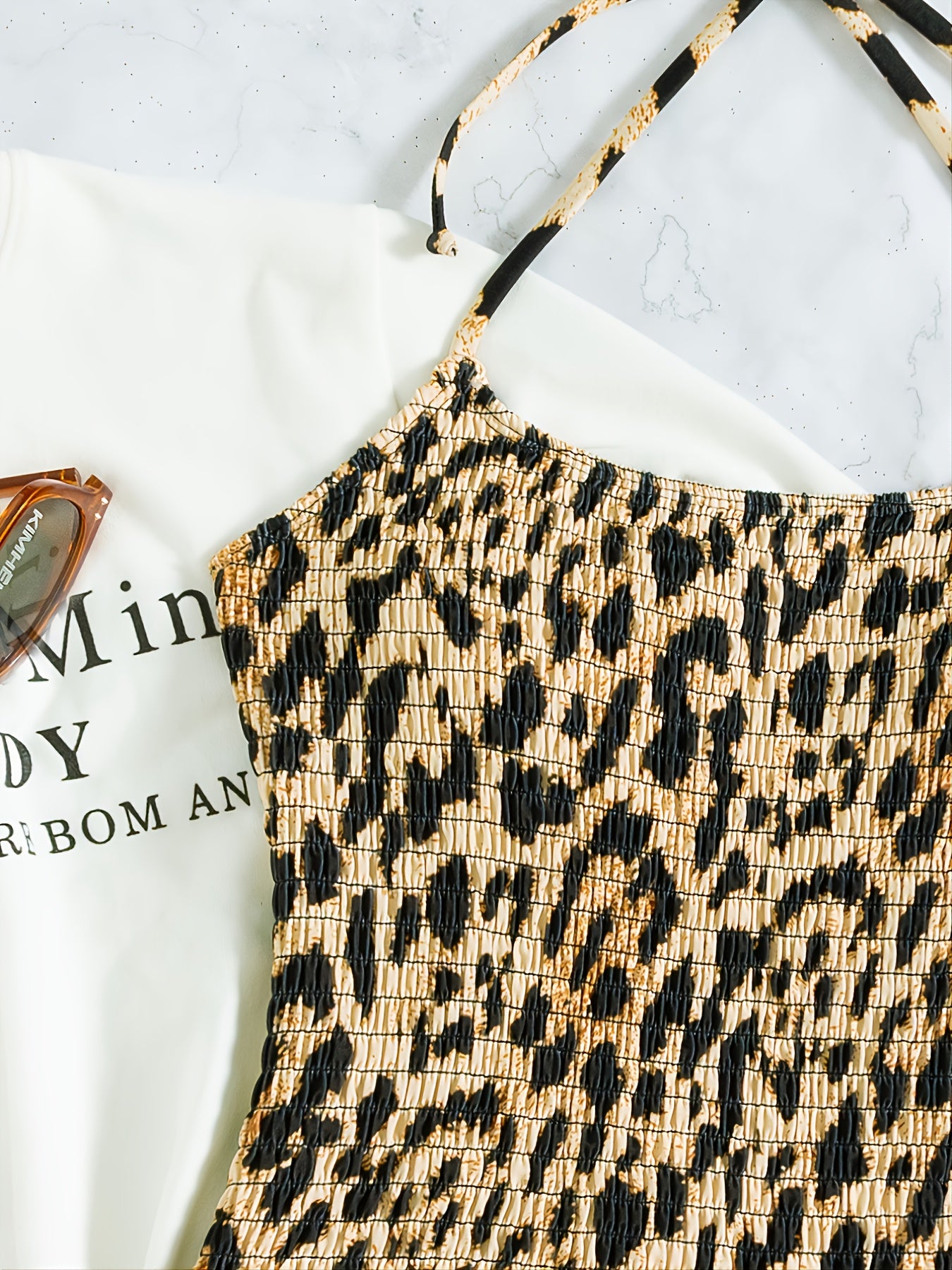 Leopard Smocked One Piece Swimsuit Women's Swimwear