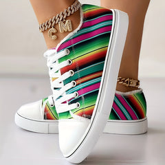 Colorful Strip Print Sneakers Low Top Lace Up Canvas Shoes