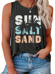 Casual Tank Top Women's Plus Art Letter & Coconut Tree Print Round Neck Tank Top