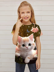 Flower Cat Graphic Short Sleeve T shirt for Girls